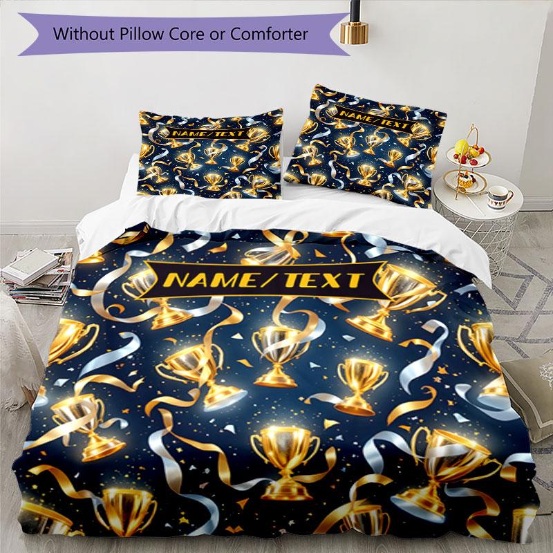 3PC Custom Name Golden Trophy Celebration Bedding Set Printed Bedding Set Duvet Cover Closure Includes 1 Duvet Cover & 174 Pillowcases for Bedroom