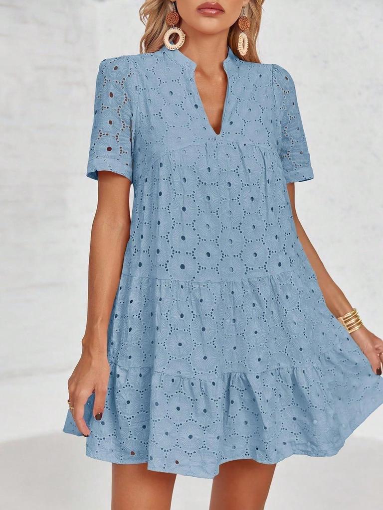 Women's Eyelet Lace Babydoll Dress Short Sleeve V Neck Flowy Summer Tunic Dress