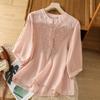 Half-sleeved Stand-up Collar Embroidered Cotton and Linen Literary and Retro Top Spring and Summer New Versatile T-shirt Women