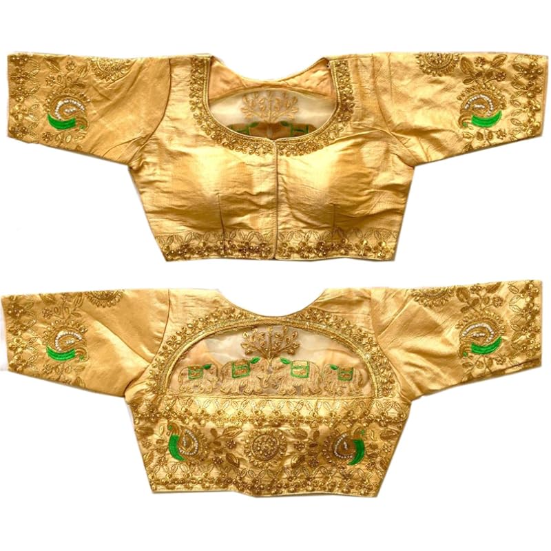 Женская блузка-сари Pujia Mills 'Phantom Silk Elephant' с коротким рукавом (Золотой, 38)