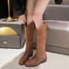 Fashion Vintage Totem Print Side Zip Pu Riding Boots Women Fashion Medium Heel Western Boots Women 2025 Winter Sexy Knee High Shoes
