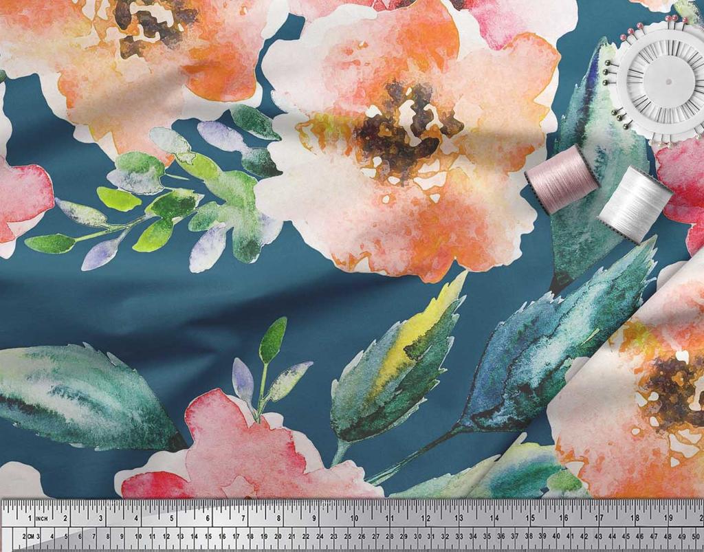 Soimoi Японский креп-атласная ткань с цветами и листьями, акварельный принт, швейная ткань, метр 42 дюйма