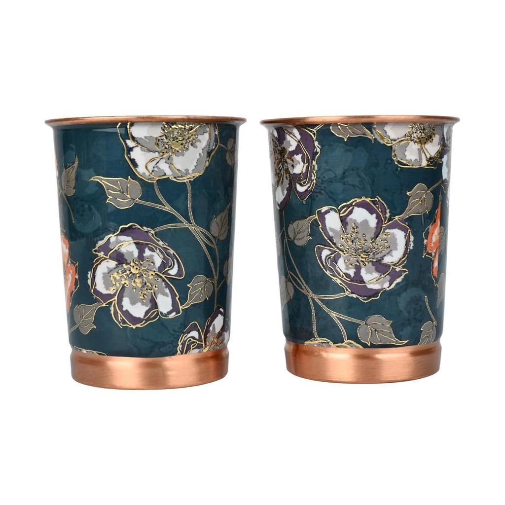 India Copper Premium Green Gold Leaf Design Set of Two Glass with Elegant Gift Box, 250 ML