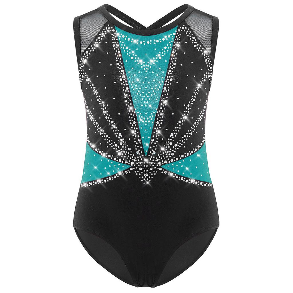 Детский купальник для девочек с перекрещивающимися бретелями на спине, без рукавов, с круглым вырезом, блестящими стразами, металлический танцевальный костюм