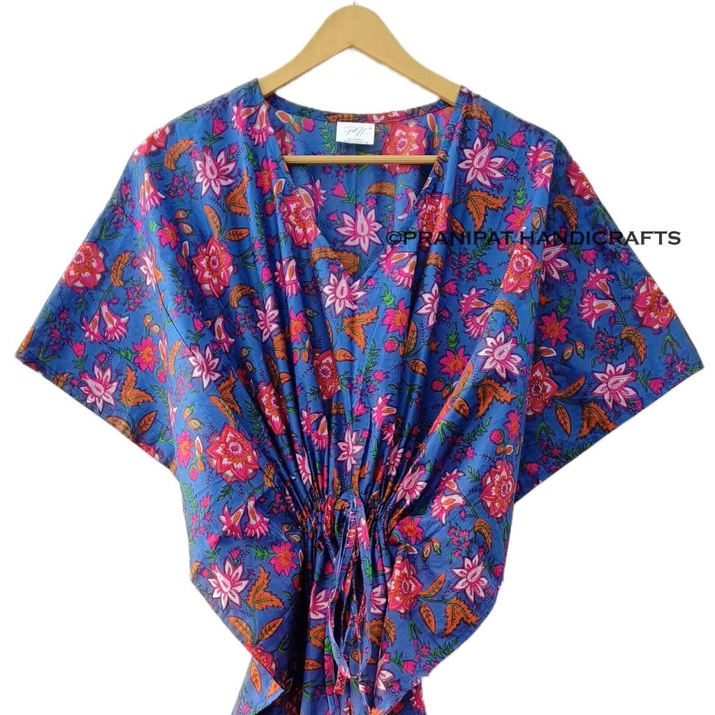 Синее хлопковое цыганское макси-пляжное платье с индийским цветочным принтом, женское платье-кафтан CKFTN-SCRN-FULL-BUYIT-169