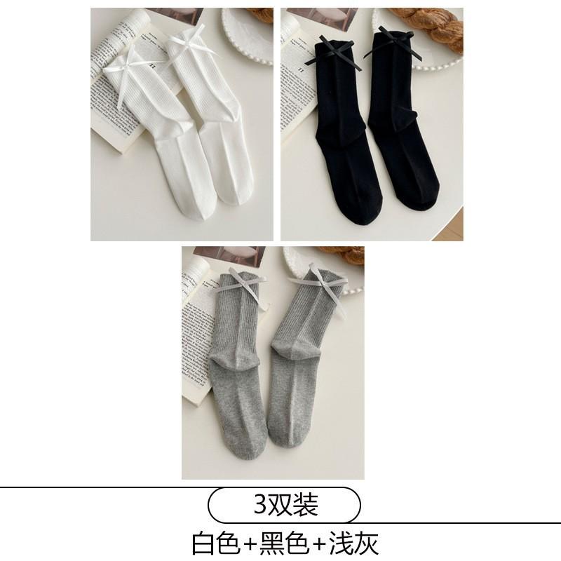 Womens Cotton Mid-Calf Socks With Bow Detail Japanese Style Ribbed Crew Soft Breathable Stackable Teens Young Adults