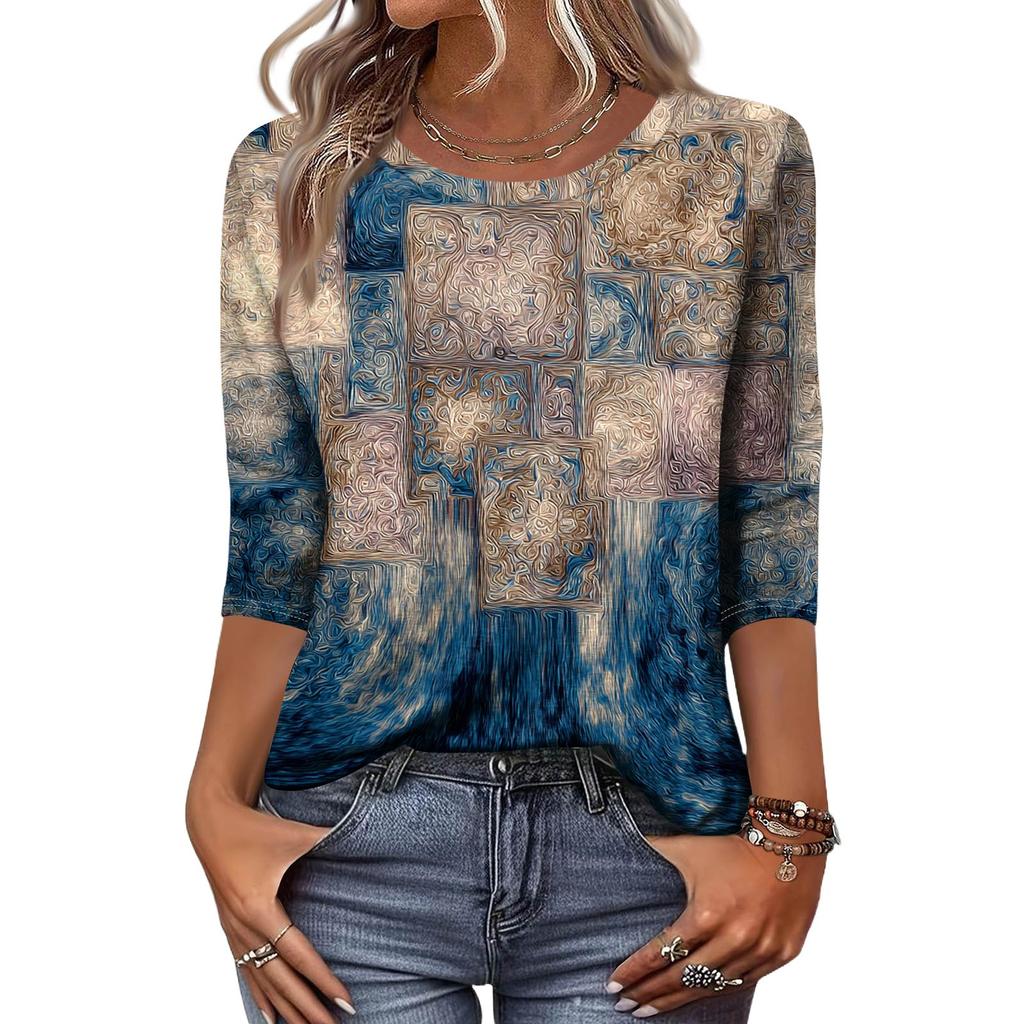 Модный винтажный топ с рукавом три четверти для женщин, женская повседневная блузка-футболка с круглым вырезом и принтом