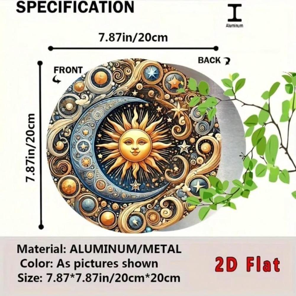 Солнце Луна 2D Плоское Настенное Искусство 8x8 Дюймов Круглый Алюминиевый Металлический Декор