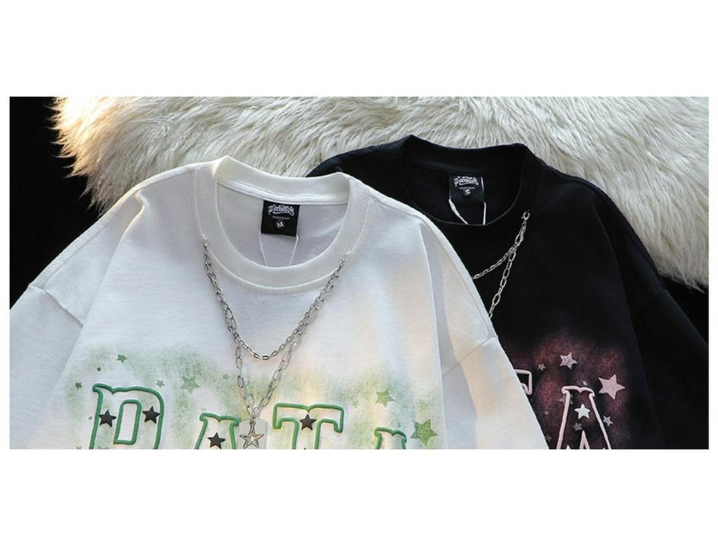 Унисекс Футболка с графическим принтом в виде звезды и буквы - Модная, из чистого хлопка, свободного кроя, с коротким рукавом, в уличном летнем стиле