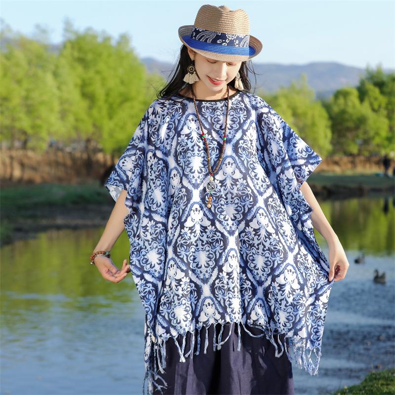 Four Season Imitation Tie Dye Printed Ethnic Style Scarf, Women'S Retro Famous Ethnic Style Blue And White Porcelain Sunscreen Cloak, Large Shawl