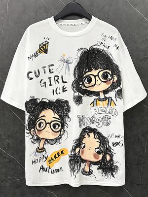 2025 Новая летняя женская модная брендовая удобная белая футболка с мультяшным принтом и круглым вырезом, повседневная