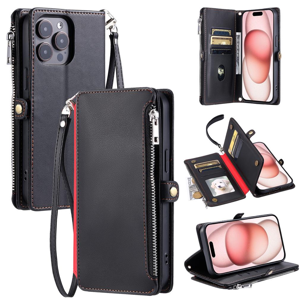 015 Style For iPhone 16 Pro Case Protective Leather Wallet Phone Cover with Straps