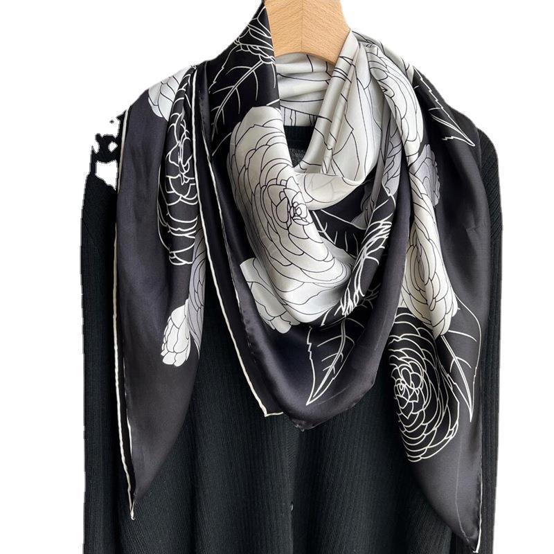 Black And White Rose Silk Large Square Scarf Xiaoxiang Style Camellia Silk Scarf Women'S Spring, Autumn And Winter Mulberry Silk Scarf Shawl