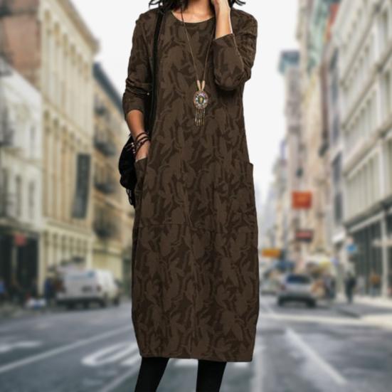 Женское весенне-осеннее платье миди с круглым вырезом и длинными рукавами, карманами, дизайнерским принтом, свободное элегантное платье, уличная одежда