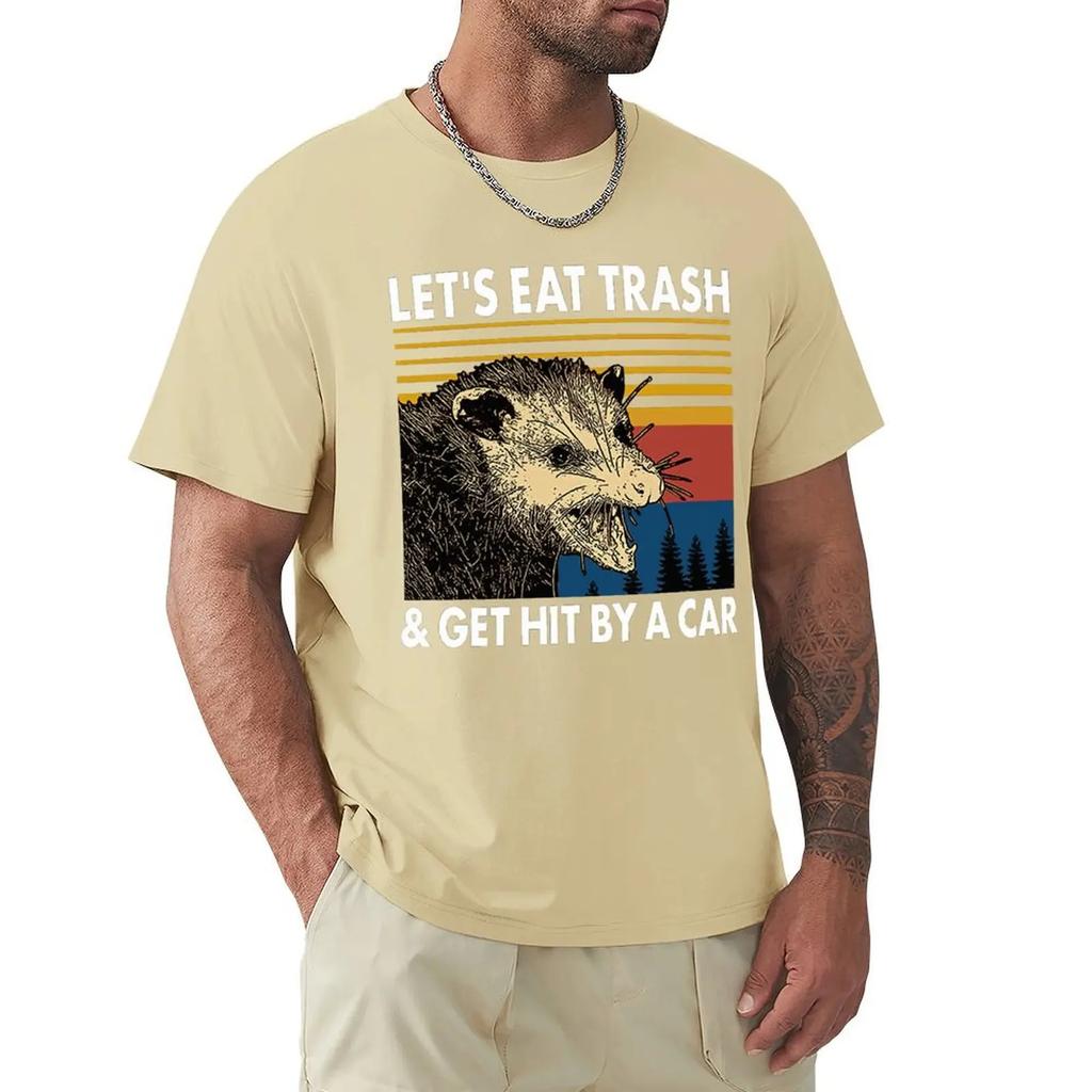 Енот Давайте съедим мусор и нас сбьет машина Винтажная футболка Harajuku Футболка с коротким рукавом 100% хлопок Графика Футболка Топы