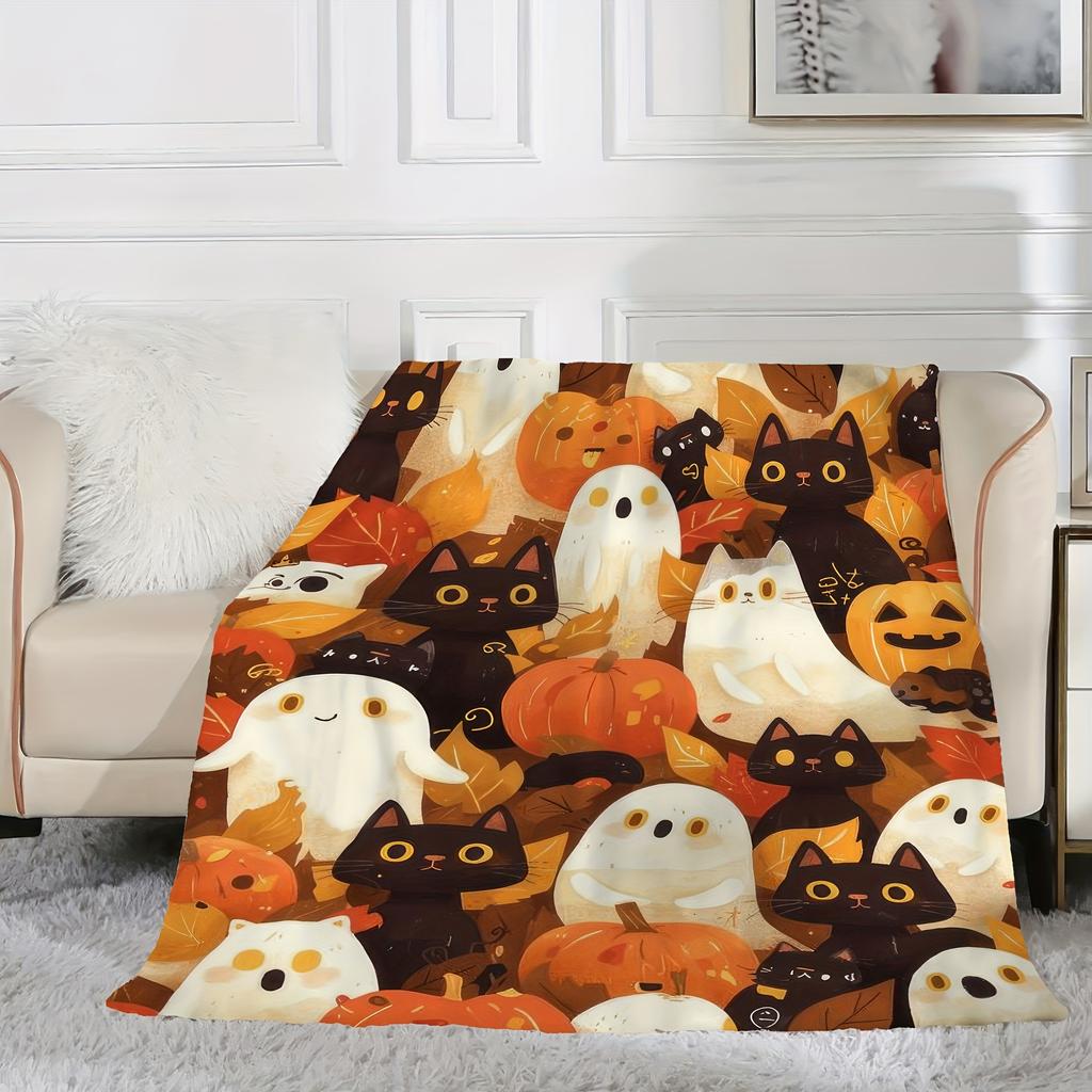 Cute Halloween Cats Blanket - Soft Throw with Ghosts, Pumpkins, Festive Home Decor, Unique Gift for Kids and Cat Lovers