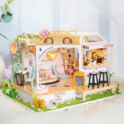 Деревянный кукольный домик Котокафе Мини DIY Набор для сборки маленького домика Комната для изготовления Игрушки Украшение дома Спальни с мебелью В подарок Кукольный домик
