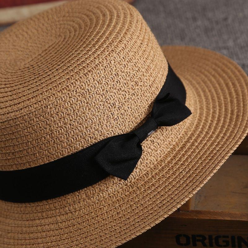 Korean Summer Flat Brim Unisex Top Hat Bowknot Straw Hat Sun Shade Sunscreen Beach Vacation Travel Hat