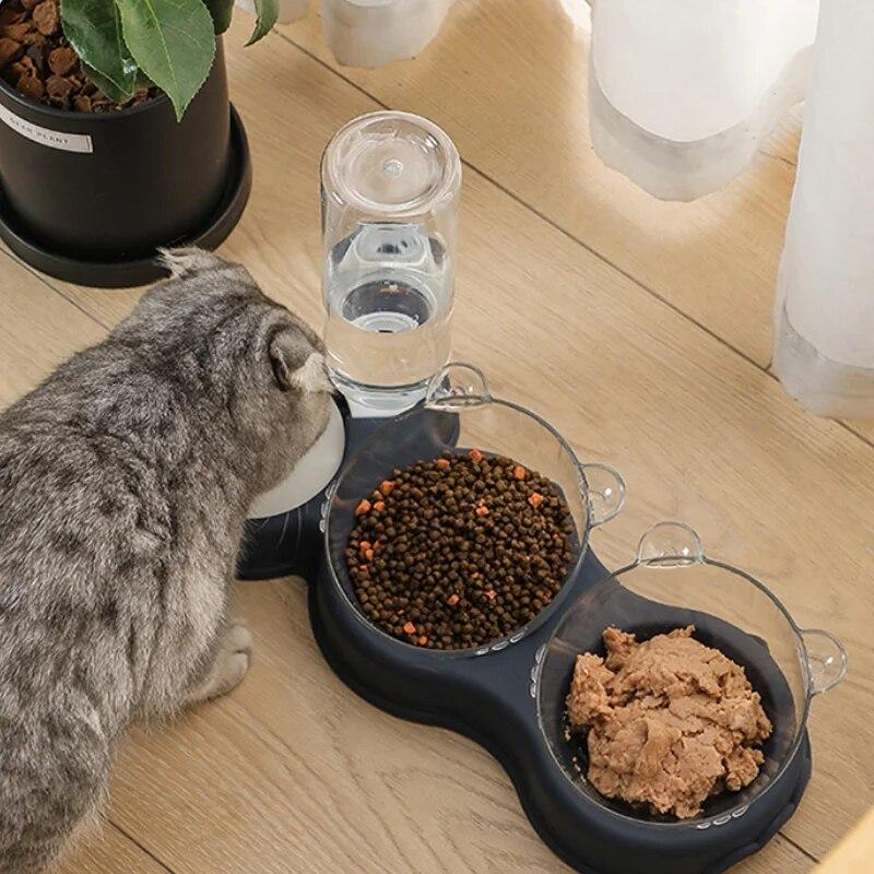 Cat Double Bowl Splash-proof Dual-use Automatic Water Feeder Drinking Basinanti-overturning Pet Dog Plate 1.8 L Large Bottle