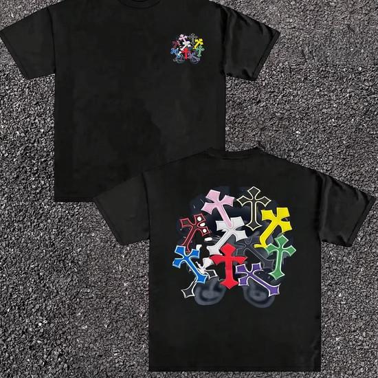 A Unisex Gothic Cotton Print T-shirt with A Colorful Cross Pattern for A Colorful Design T-shirt in The 21st Century Style