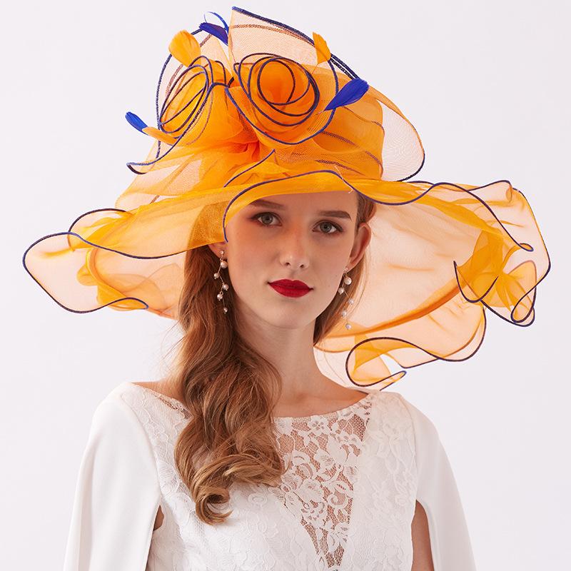 European and American new going out leisure big eaves hat spring and summer women's organza embroidery hat manufacturer flat top hat