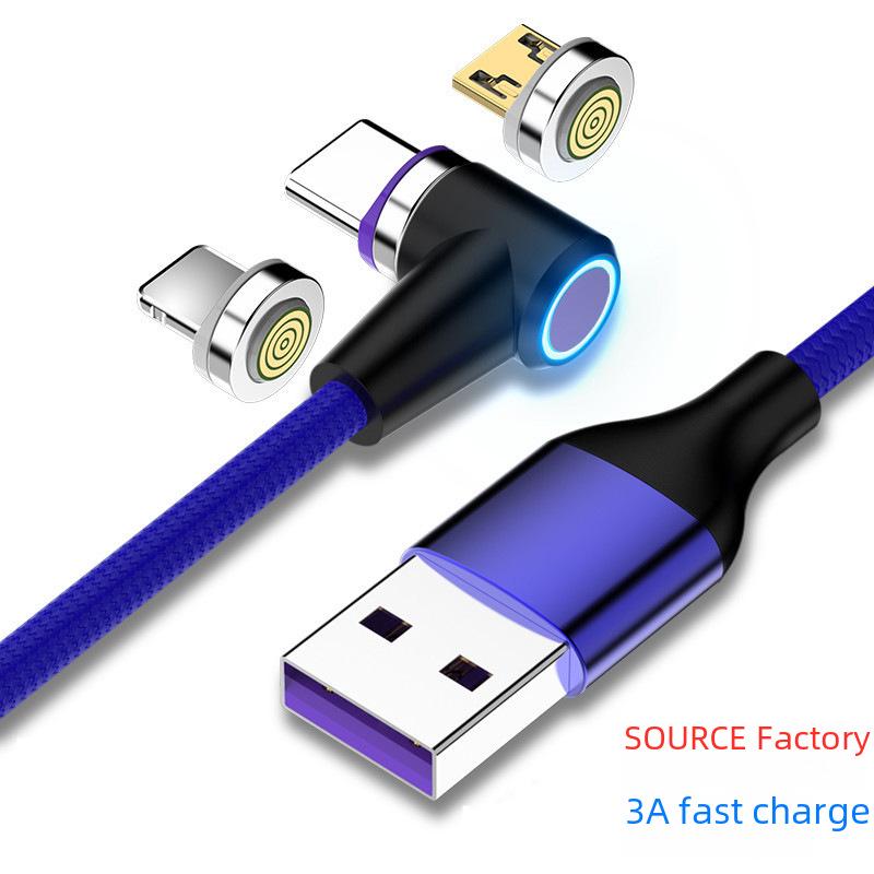 Магнитный кабель для передачи данных 3A Elbow: Быстрая зарядка и передача данных от одного до трех током 5 А для устройств Android и Type-C.