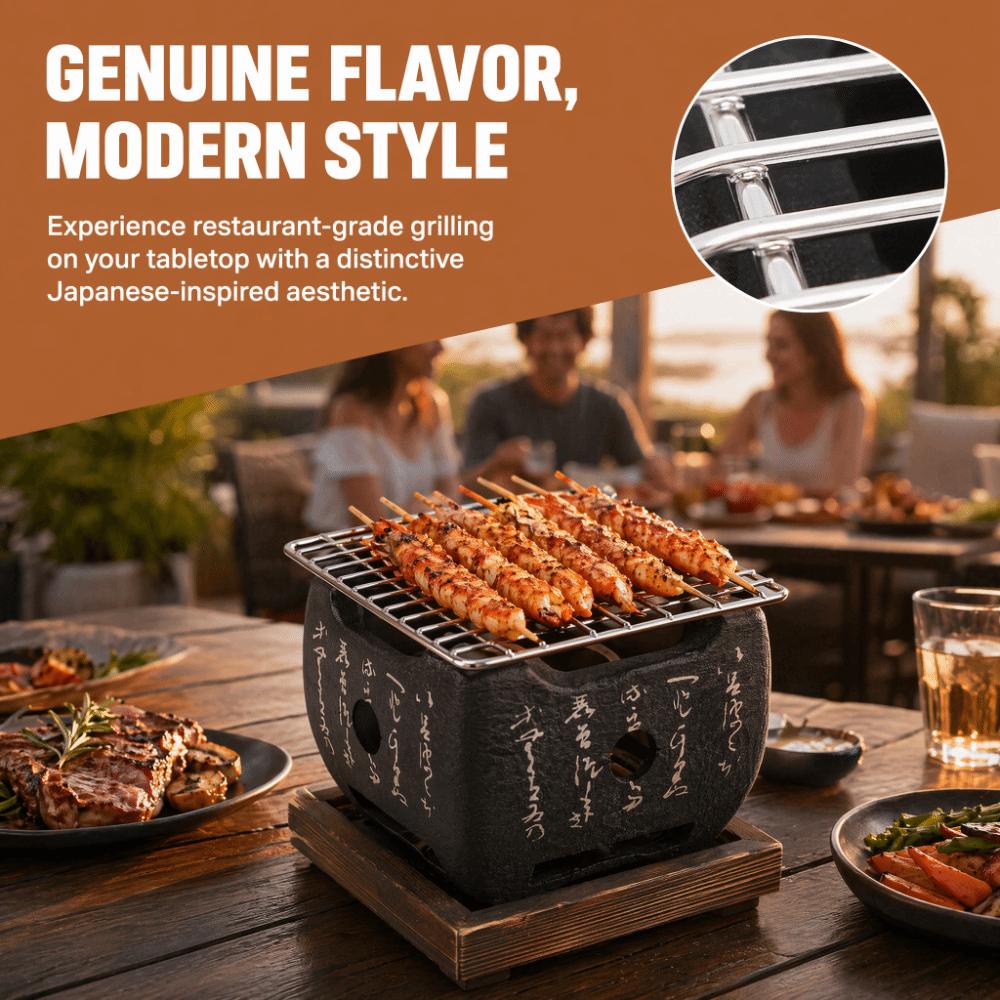 Black Japanese Charcoal Grill Cast Metal Tabletop BBQ Stove Portable Square Stove BBQ Cooking
