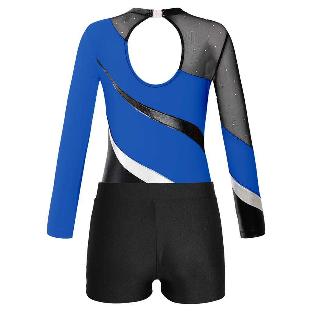 Kids Girls Gymnastics Leotard Glitter Bodysuit Long Sleeve Shiny Rhinestones Decorated Jersey with Shorts Dance Costume