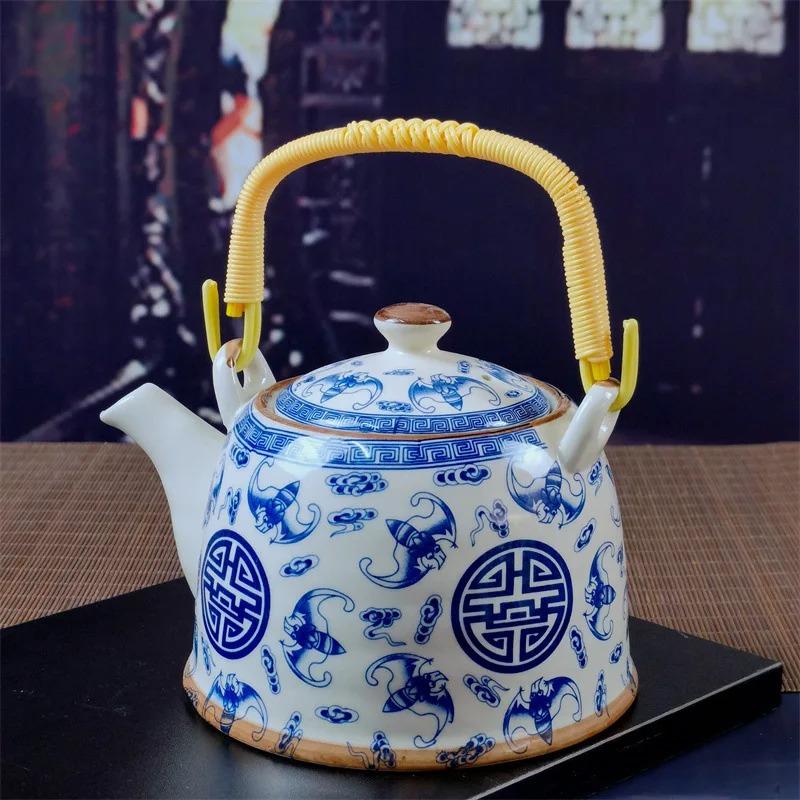 Бытовой фарфоровый чайник, керамический большой вместительный горшок для прохладной воды, большой синий и белый фарфоровый горшок с петлевой ручкой в ​​стиле ретро