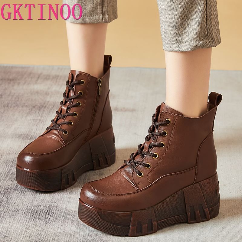 GKTINOO Retro Women Platform Boots Autumn Round Toe Genuine Leather Wedge Heel Ankle Boots Women Handmade Casual Shoes