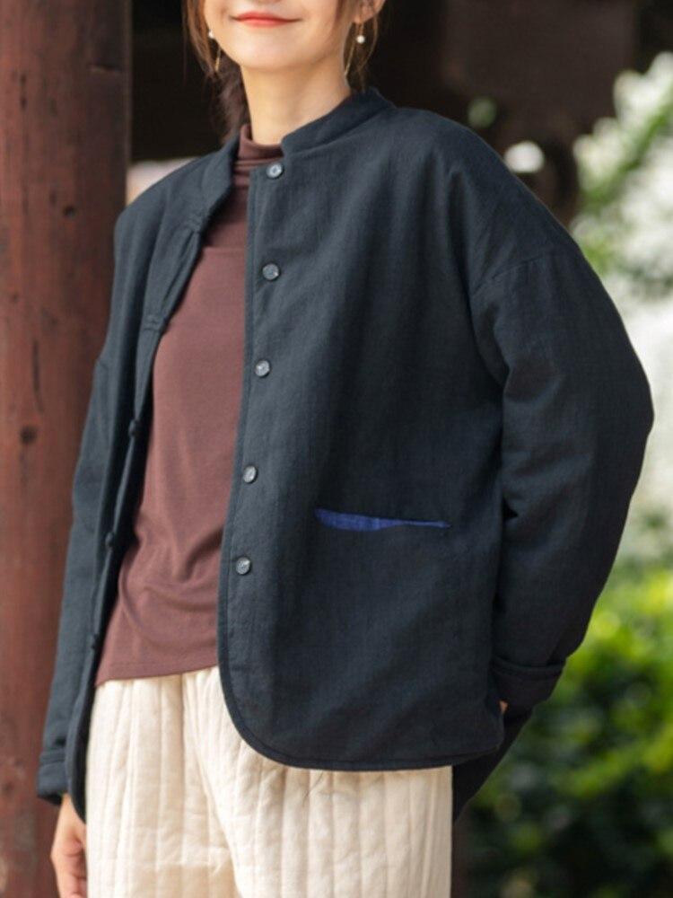 Johnature Женские льняные парки в китайском стиле с длинными рукавами и пуговицами, однотонные пальто, зимние винтажные теплые парки для женщин