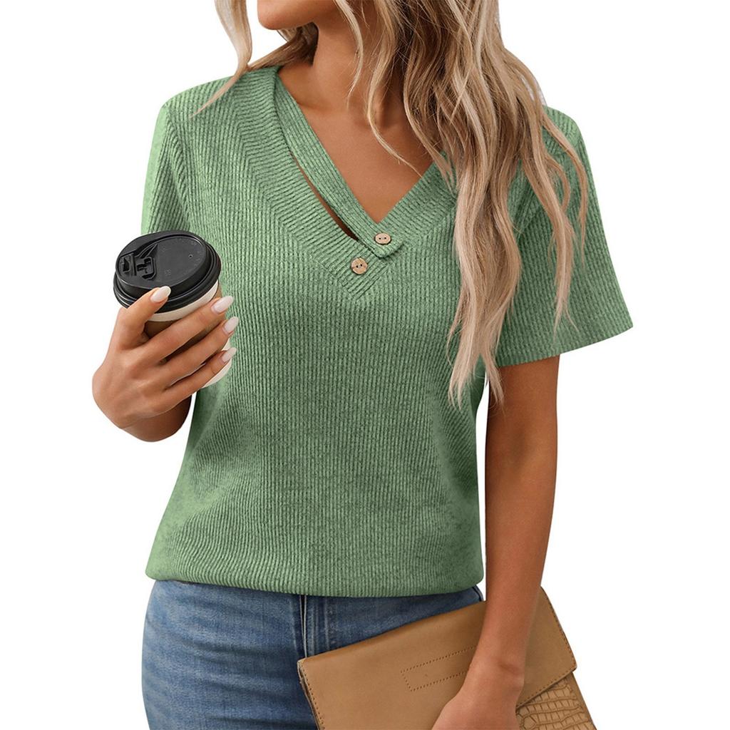 Женский модный однотонный повседневный топ с V-образным вырезом и короткими рукавами на пуговицах