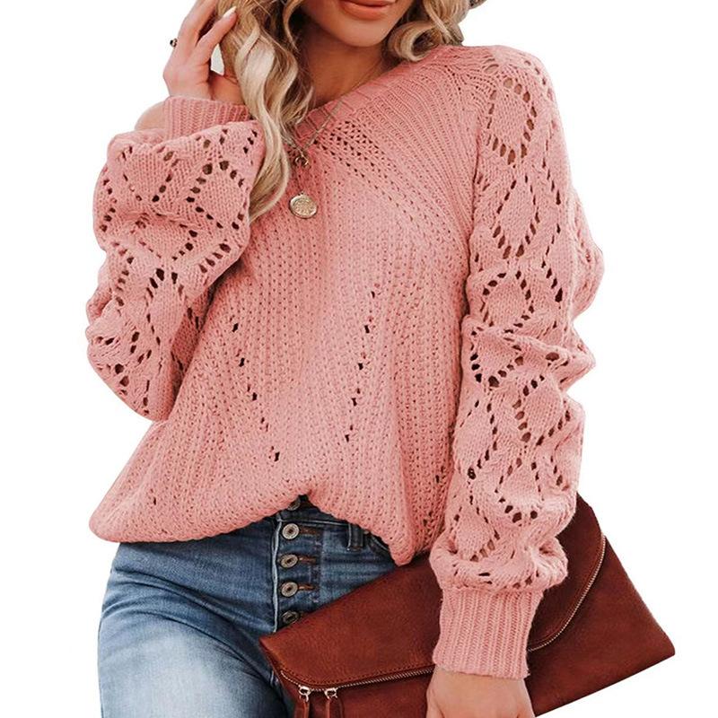Solid Color Loose Top Women's Plus Size Autumn and Winter Hollow Floral Round Neck Sweater