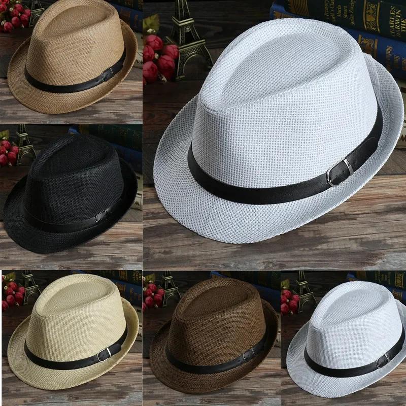 Men's Fashion Woven Straw Sunshade Hats Casual Buckle Beach Sun Wedding Black with Belt Head Accessories Gifts Decor