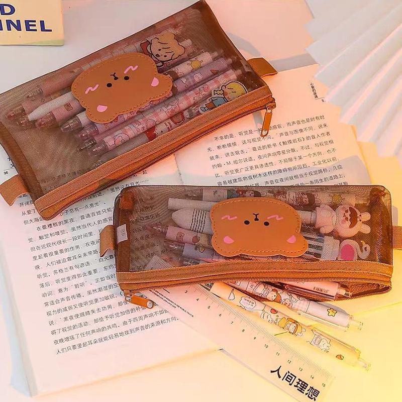 Милый мультяшный пенал с медведем, прозрачная сетчатая сумка для ручек, вместительный чехол для хранения канцелярских принадлежностей, офисные школьные принадлежности, подарки