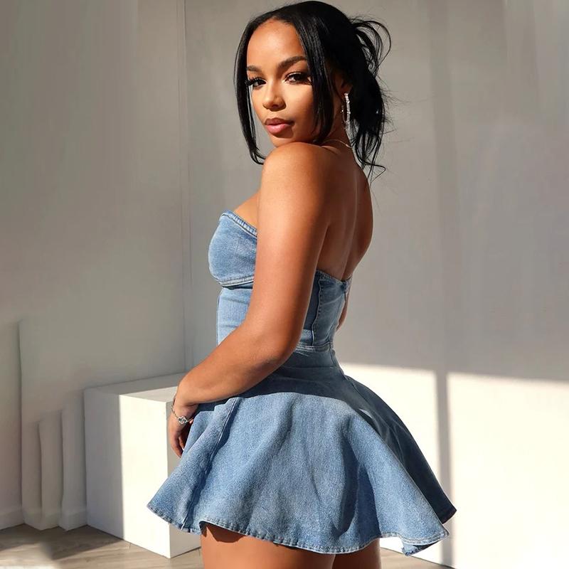 Сексуальное джинсовое платье-топ с открытой спиной, женское облегающее платье с высокой талией в стиле пэчворк, мини-плиссированные платья, горячие девушки, уличные облегающие синие джинсовые платья с открытыми плечами Femme