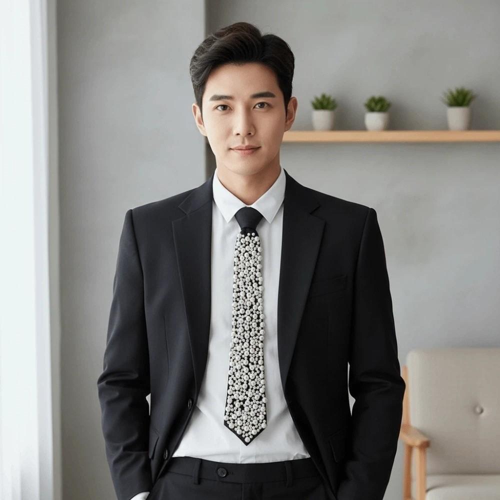 Korean Style Full Pearls Tie Black Choker Hand-beaded Long Necktie Academic Style Geometric Decoration Shirt Tie Daily