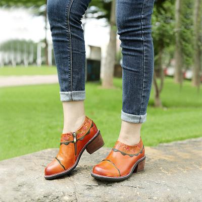 Туфли-лодочки из натуральной кожи, женская обувь в стиле ретро, однотонная обувь ручной работы на толстом каблуке для отдыха с круглым носком