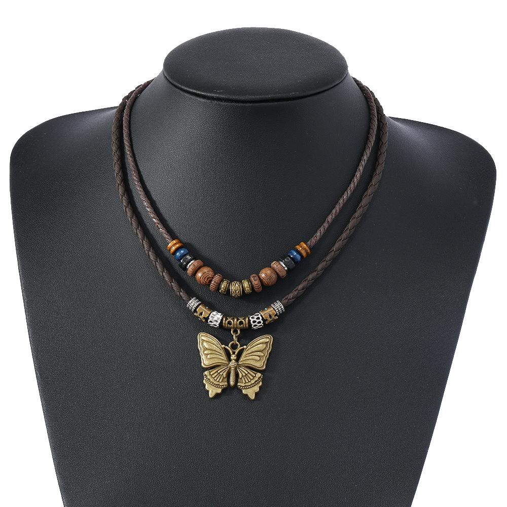 Butterfly-shaped Wooden Beaded Double-layer Necklace, Women's Retro-style Woven Rope Collarbone Chain