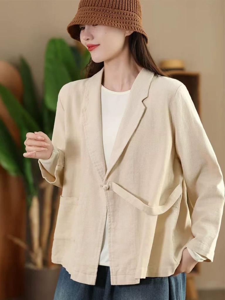 Johnature Woman Autumn Casual Solid Color Loose Long Sleeves Coat Splicing V-Neck Chinese Style Vintage Coat
