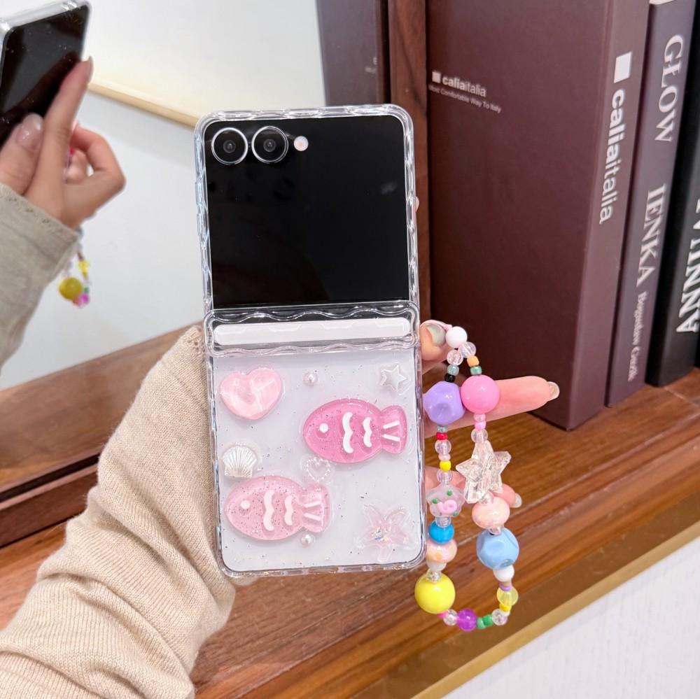 3D Мультяшный Чехол-Браслет Для Samsung Galaxy Z Flip 5 6 7 5G Складной Магнитный PC Корпус Ударопрочный Защитный Прозрачная Задняя Крышка