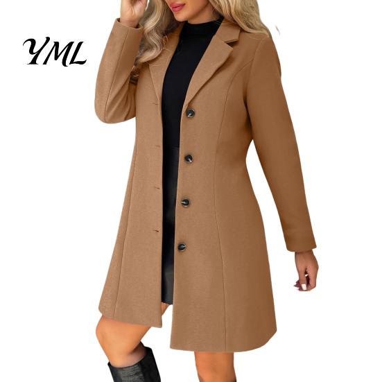 Women Casual Coat Notch Lapel Collar Long for Women, Sleeves Single Breasted Coats Blazer Jacket, Slim Fit Solid Color Outerwear Fall Winter