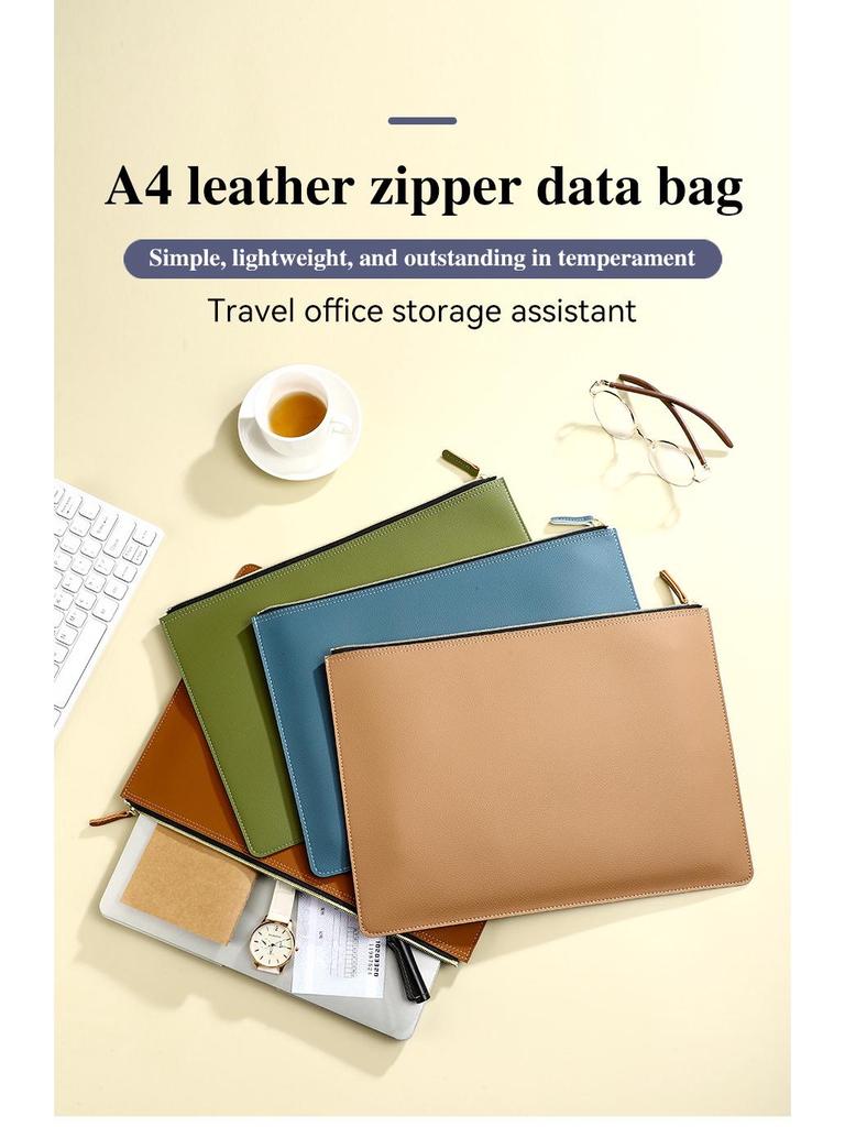 A4 PU Leather Zipper Briefcase: Portable Business Document Bag with Large Capacity for Simple Invoice and File Storage.