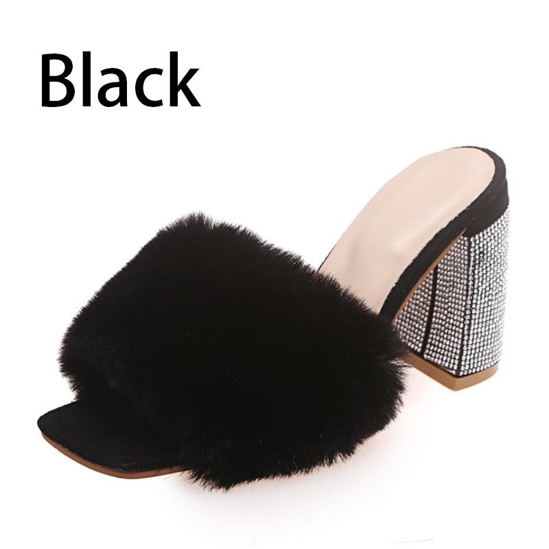 Thick Heel Pink Fuzzy Slippers for Women Silver Rhinestone High Heel Sandals Sexy Ladies Party Shoes