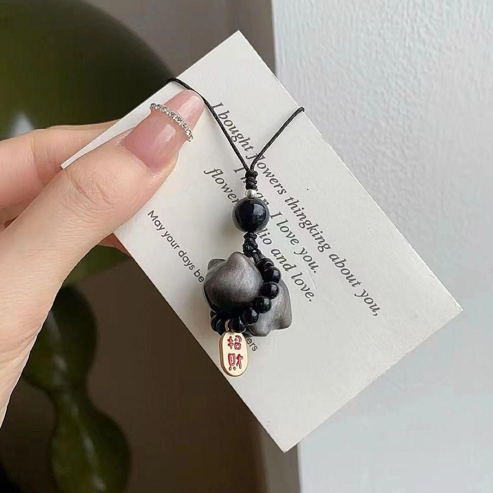 Плетеный веревочный брелок с камнем и кошкой удачи, брелок для ключей от машины с кошкой из серебристого обсидиана, плетеный веревочный кулон, подарок