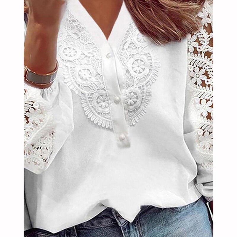 Винтажная свободная кружевная женская белая блузка 2023, рубашка с длинным рукавом и v-образным вырезом для женщин, элегантные топы, повседневные рубашки 28619