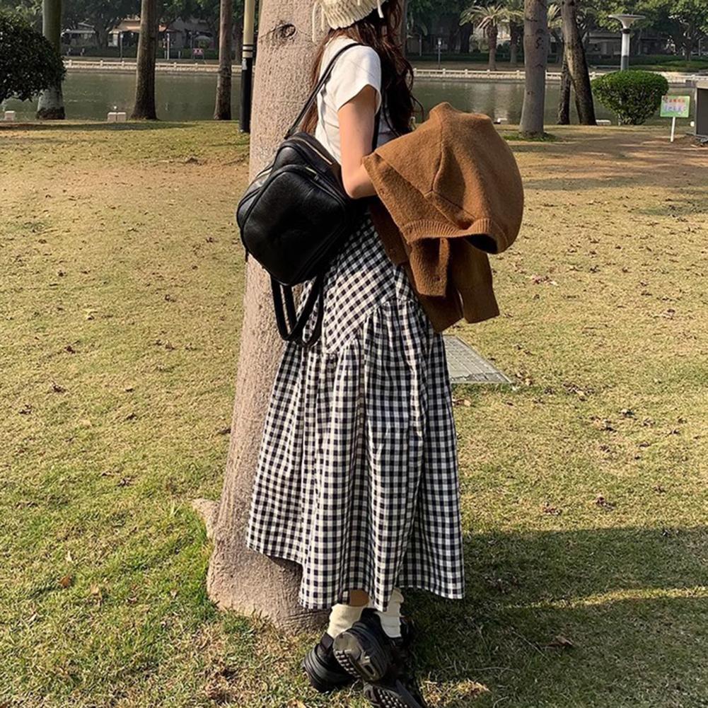 Women Plaid Print Skirt Midi Stitching Design Aline Skirt Elastic High Waist Retro Style Swing Skirt Daily Wear
