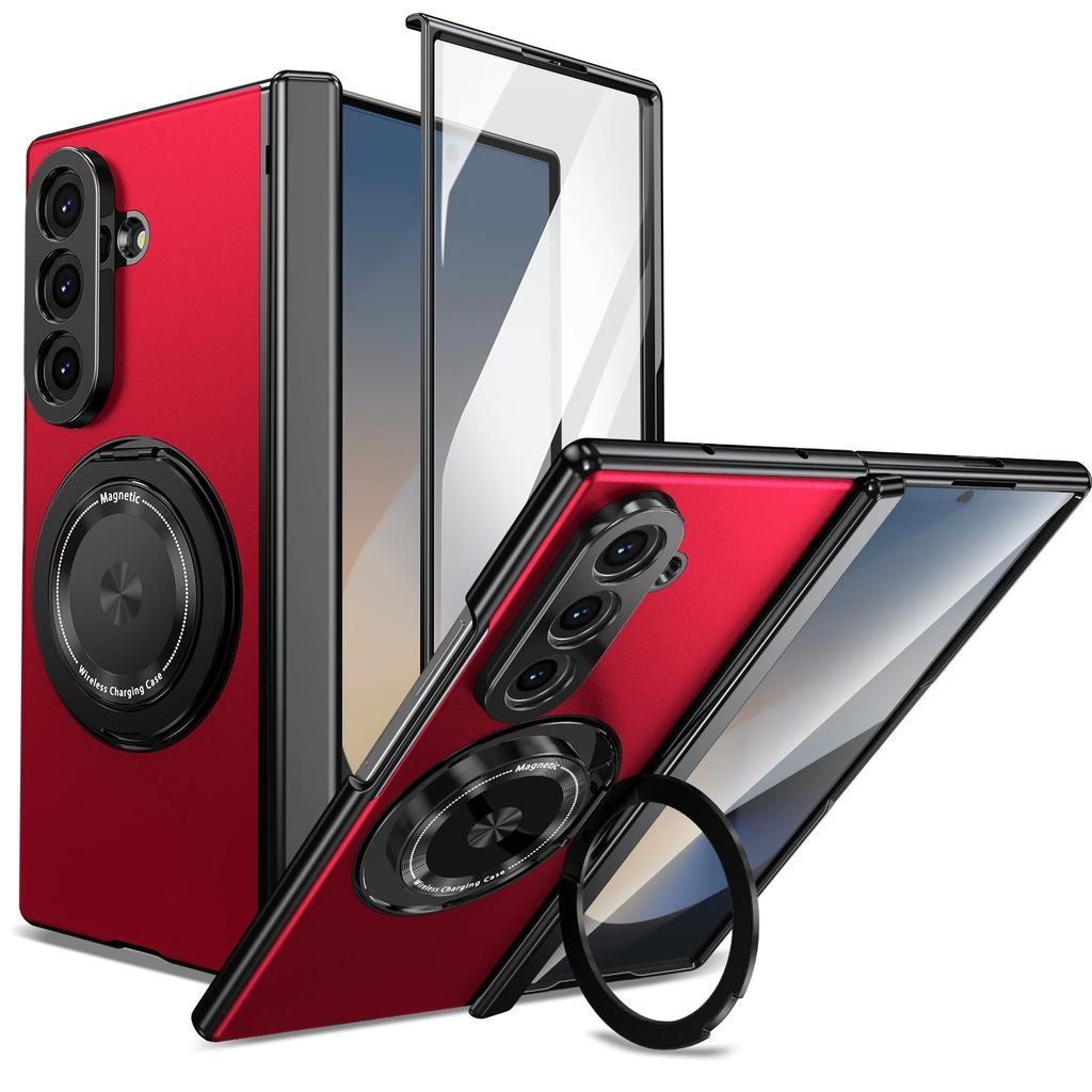 360°Alloy Magnetic Holder Hinged Phone Case For Samsung Galaxy Z Fold 7 6 5 4 3 Magsafe Wireless Charger Camera Shockproof Cover