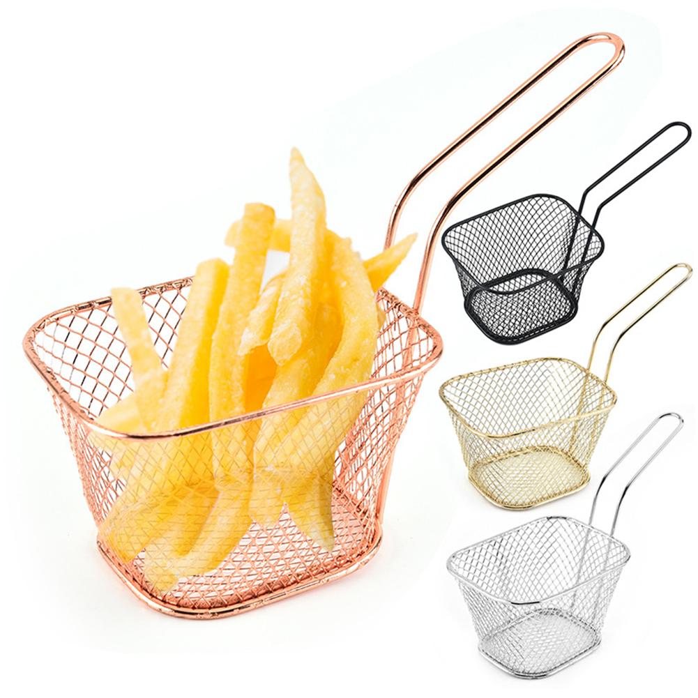 Mini Size Square Fry Basket Metal French Fries Chips Holder with Handle Desk Food Presentation Mesh Basket Food Prep Area Accessories Tools