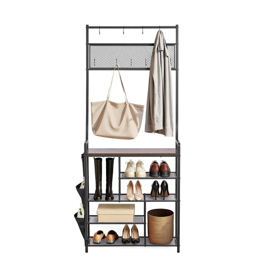 Hall Tree, 1800 mm Coat Rack with Shoe Storage, Freestanding 4-Tier Shoe Rack Organizer with Hooks, Side Pocket and Wire Shelf, Steel Frame Entrance